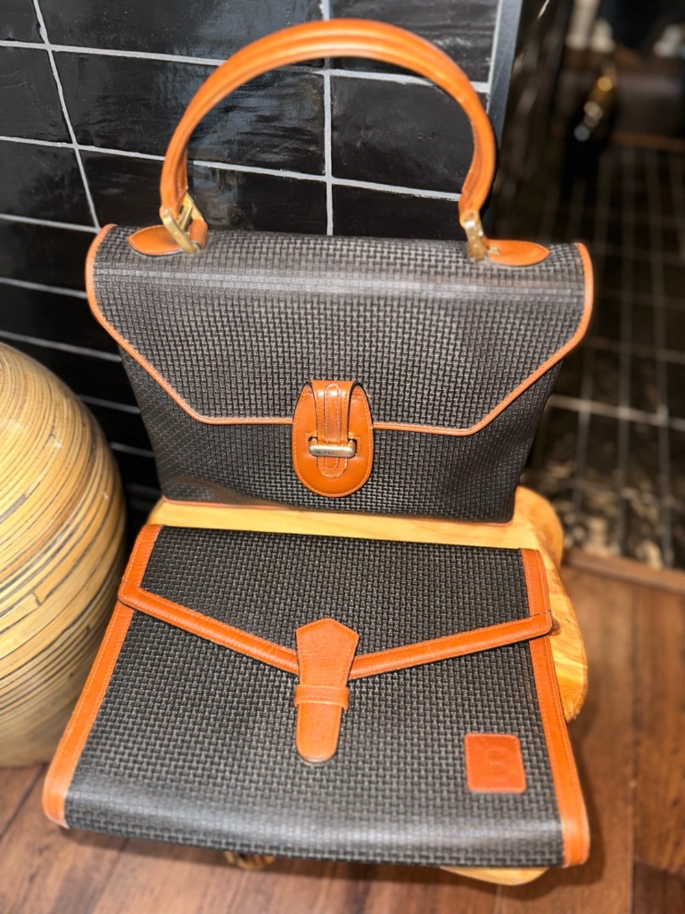 Vintage Bally Matching Set • Top Handle Bag + Clutch Folio • Monogram Canvas